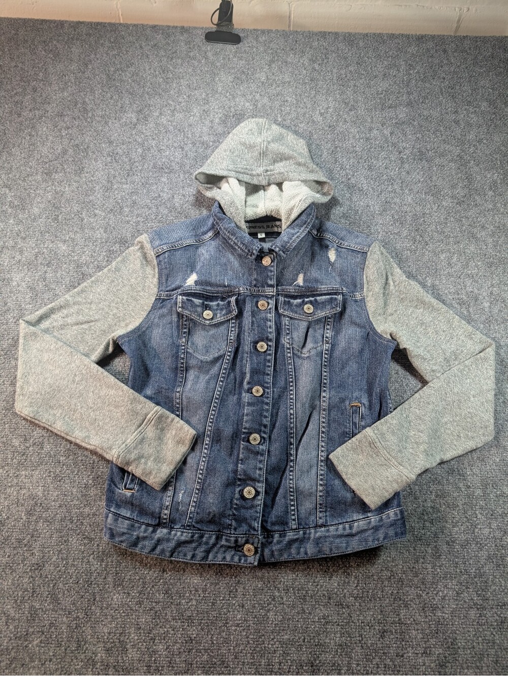Express Jeans Women's Medium Hooded Denim Jacket Knit Sleeves
